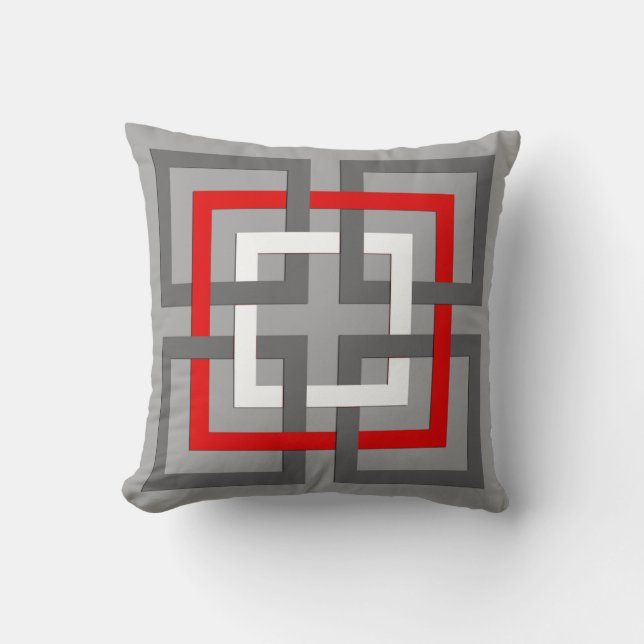 Modern Geometric Squares, Gray, Red and White Throw Pillow (Front)