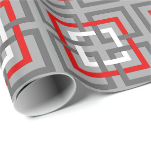 Modern Geometric Squares, Gray, Red and White Wrapping Paper