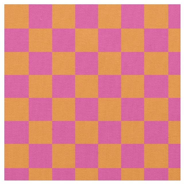 Modern Geometric Squares Pink Orange Checkered Fabric (Close Up)