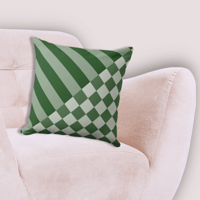 Modern Geometric Stripe & Checker Forest-Green Throw Pillow (Modern Geometric Stripe & Checker Forest-Green Throw Pillow)