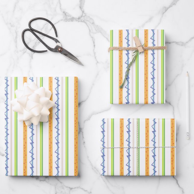 Modern Geometric Stripe & Zigzag Pattern Wrapping Paper Sheets (Front)