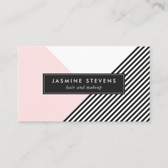Modern geometric stripes pattern pink color block business card (Front)