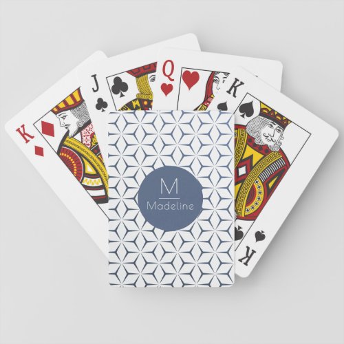 Modern geometric stylish blue and white monogram poker cards