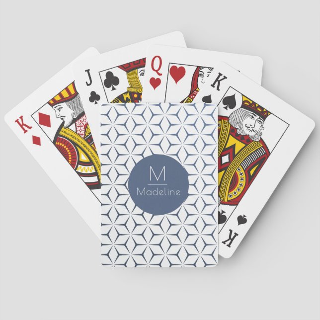 Modern geometric stylish blue and white monogram poker cards (Back)