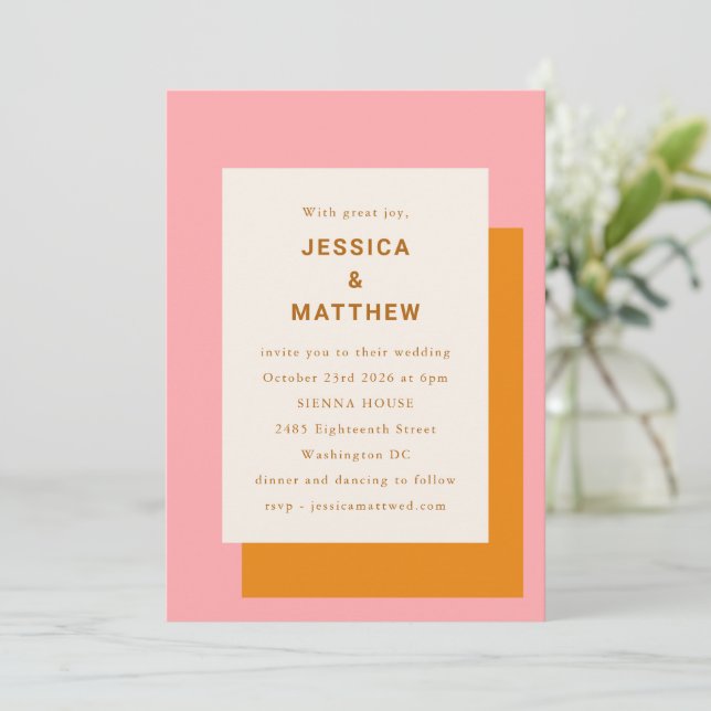 Modern Geometric Stylish Wedding Pink and Orange Invitation (Standing Front)