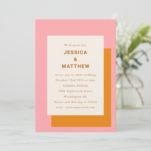 Modern Geometric Stylish Wedding Pink and Orange Invitation