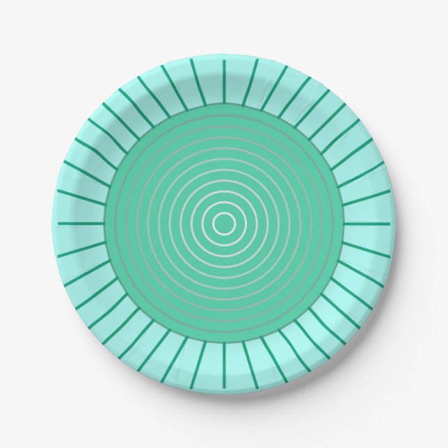 Modern Geometric Sunburst - Aqua and Seafoam Green Paper Plates (Front)