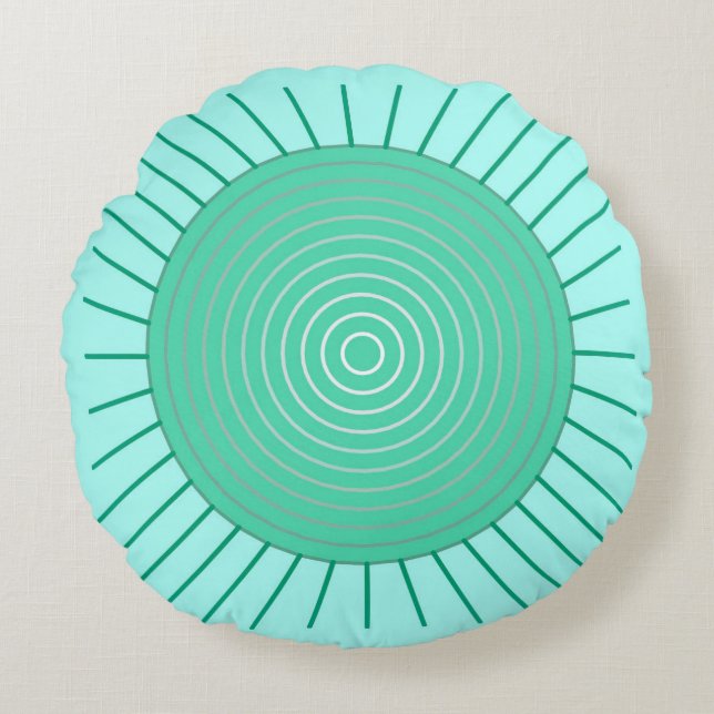 Modern Geometric Sunburst - Aqua and Seafoam Green Round Pillow (Front)