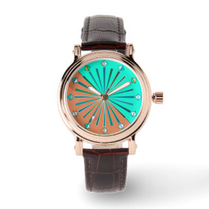 Modern Geometric Sunburst, Aqua & Chocolate Brown Watch