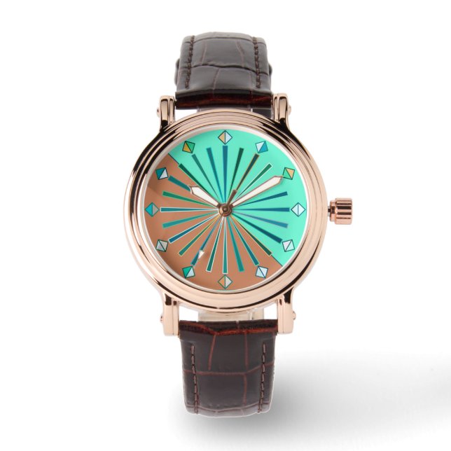 Modern Geometric Sunburst, Aqua & Chocolate Brown Watch (Front)