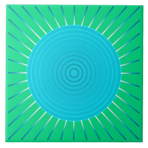 Modern Geometric Sunburst - Blue and Jade Green Ceramic Tile