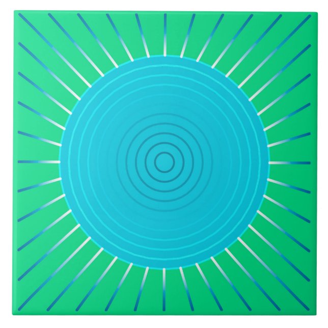 Modern Geometric Sunburst - Blue and Jade Green Ceramic Tile (Front)