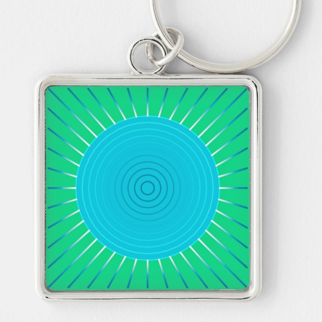 Modern Geometric Sunburst - Blue and Jade Green Keychain (Front)