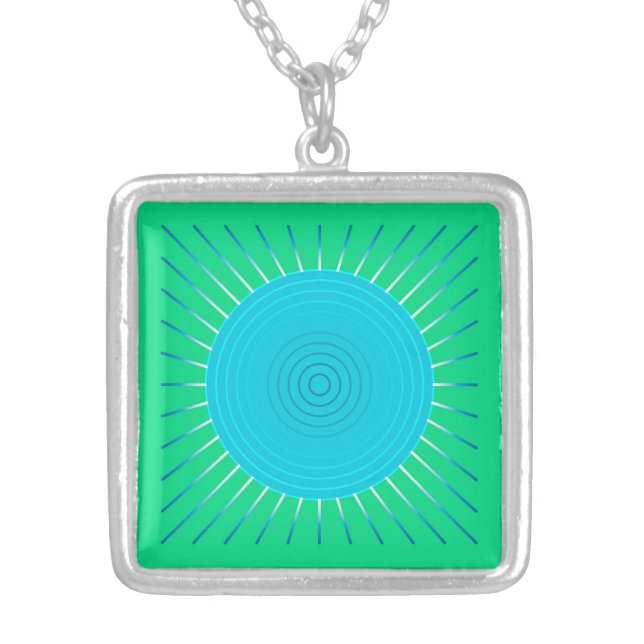 Modern Geometric Sunburst - Blue and Jade Green Silver Plated Necklace (Front)