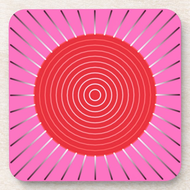 Modern Geometric Sunburst - Fuchsia and Red Beverage Coaster (Front)
