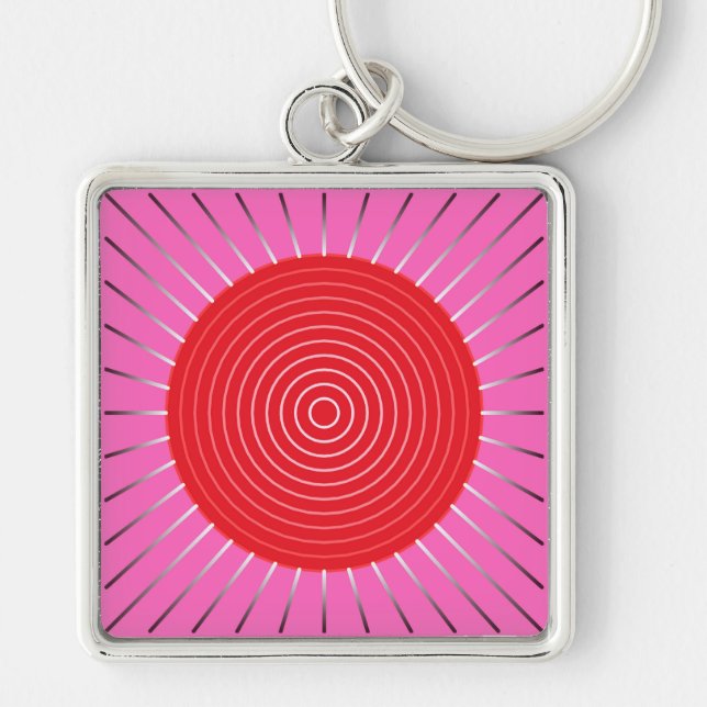 Modern Geometric Sunburst - Fuchsia and Red Keychain (Front)