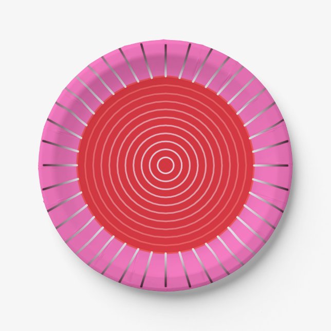 Modern Geometric Sunburst - Fuchsia and Red Paper Plates (Front)