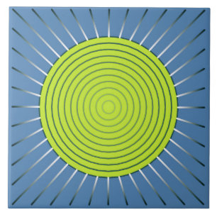 Modern Geometric Sunburst - Lime and Denim Blue Ceramic Tile