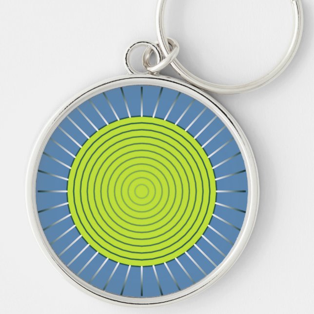 Modern Geometric Sunburst - Lime and Denim Blue Keychain (Front)
