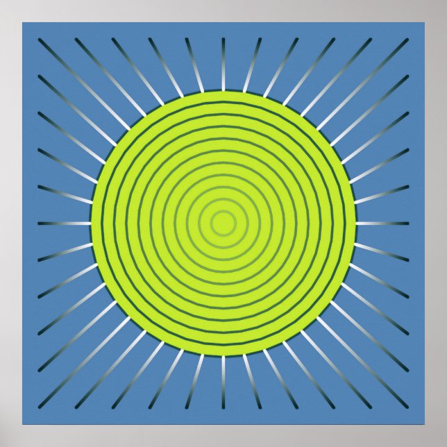 Modern Geometric Sunburst - Lime and Denim Blue Poster (Front)