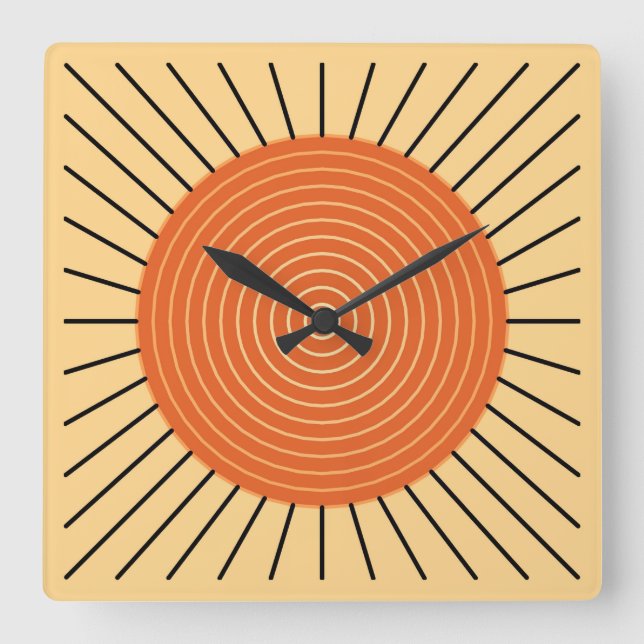 Modern Geometric Sunburst - Mandarin Orange Square Wall Clock (Front)