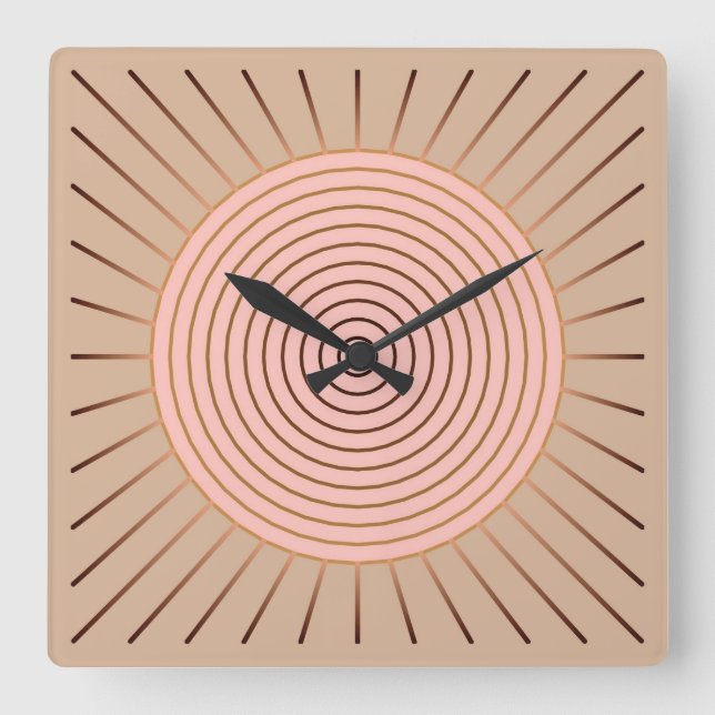 Modern Geometric Sunburst - Peach and Tan Square Wall Clock (Front)