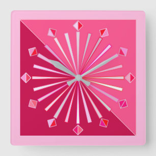 Modern Geometric Sunburst, Wine and Fuchsia Pink Square Wall Clock