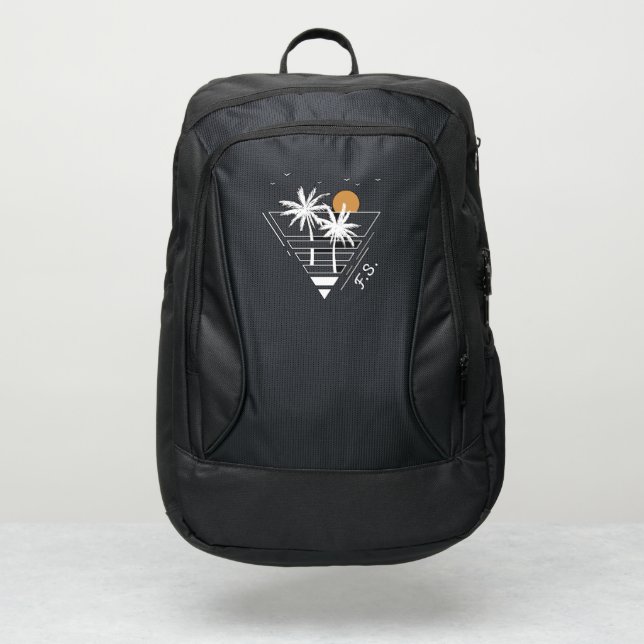 Modern Geometric Sunset Palm Tree Monogram Port Authority® Backpack (Front)
