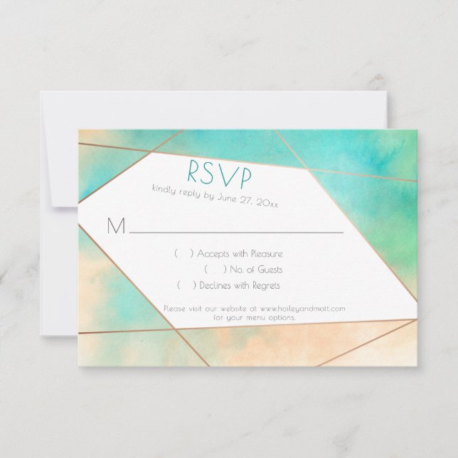 Modern Geometric Teal and Peach Watercolor RSVP (Front)