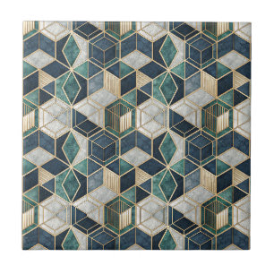 Modern Geometric Teal & Gold Abstract Pattern Ceramic Tile