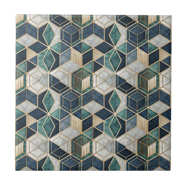 Modern Geometric Teal & Gold Abstract Pattern Ceramic Tile (Front)