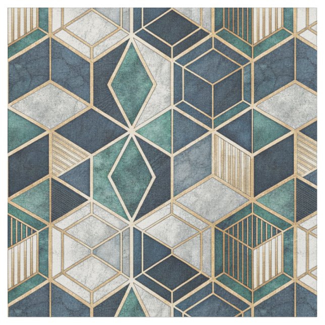 Modern Geometric Teal & Gold Abstract Pattern Fabric (Close Up)