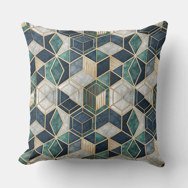 Modern Geometric Teal & Gold Abstract Pattern Throw Pillow (Front)