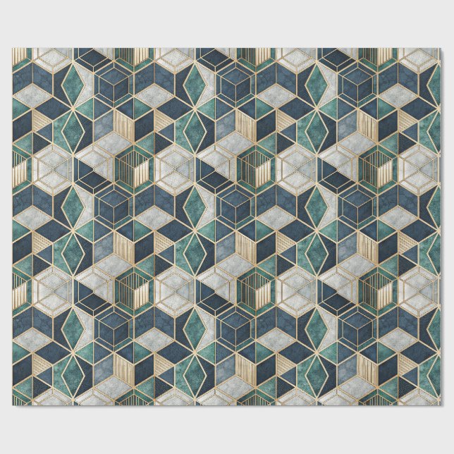 Modern Geometric Teal & Gold Abstract Pattern Wrapping Paper (Flat)