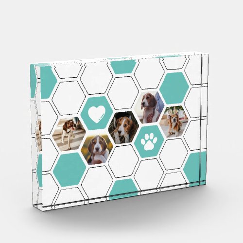 Modern Geometric Teal Heart Paw Dog Photo Keepsake Acrylic Award