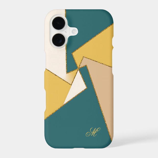 Modern Geometric Teal Yellow Gold Accents Monogram iPhone Case (Back)