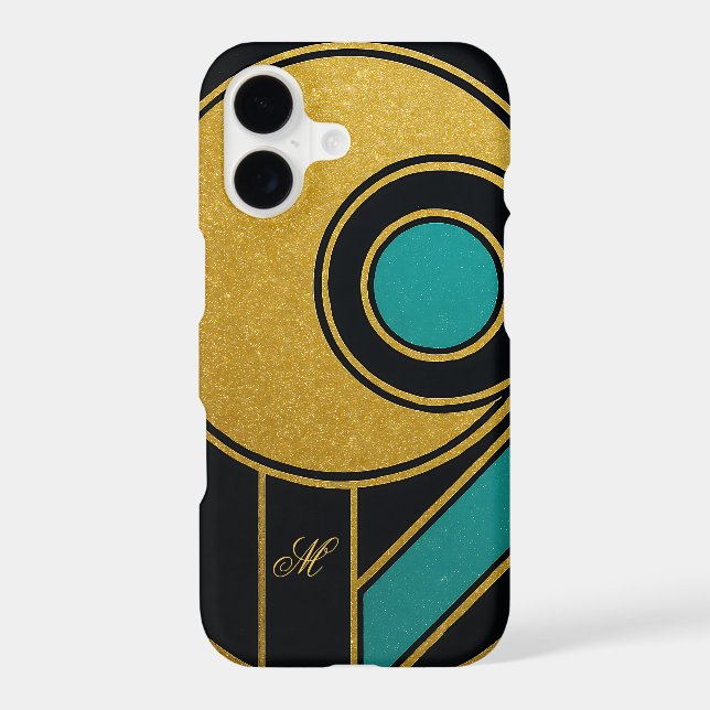 Modern Geometric Teal Yellow Gold Accents Monogram iPhone Case (Back)