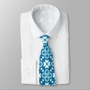 Modern Geometric Tile Pattern Denim Blue & White Neck Tie