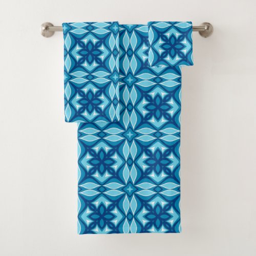 Modern Geometric Tile Pattern Shades of Denim Blue Bath Towel Set