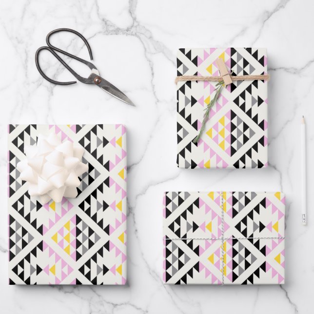 Modern Geometric Tiles Triangle Pattern Pink Black Wrapping Paper Sheets (Front)