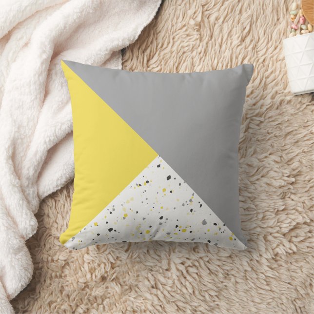 Modern Geometric Trendy Yellow Grey Terrazzo Throw Pillow (Blanket)