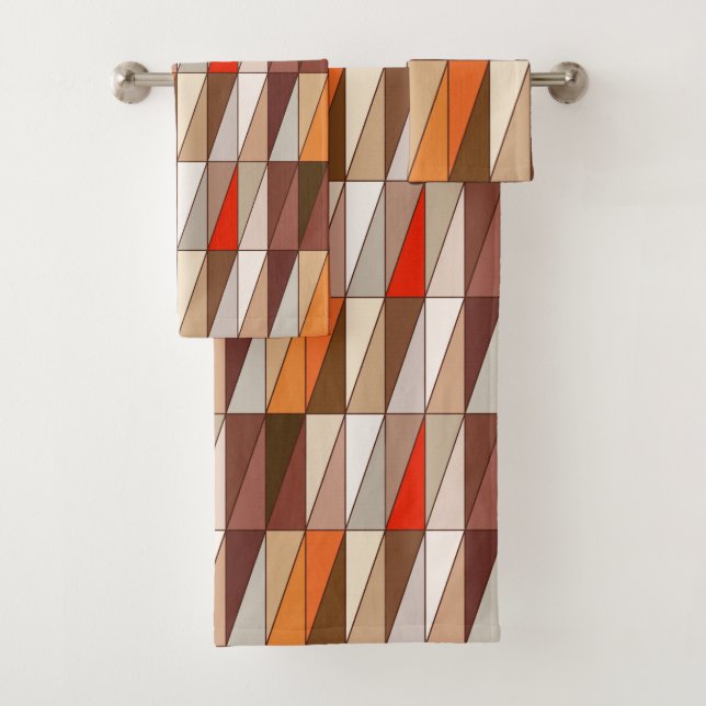 Modern Geometric Triangles, Beige, Brown, Red Bath Towel Set (Insitu)
