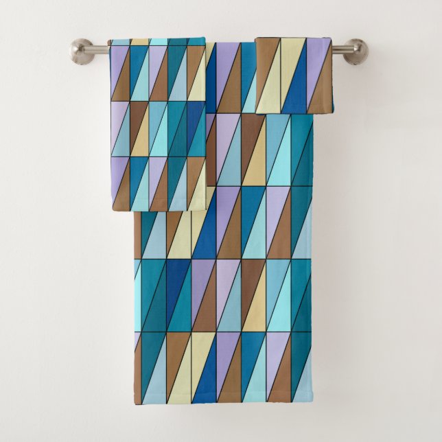Modern Geometric Triangles, Blue and Coffee Brown Bath Towel Set (Insitu)