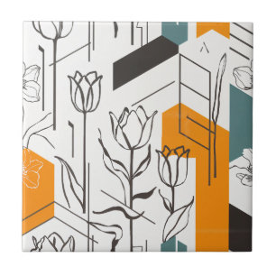 Modern Geometric Tulip Line Art Pattern Ceramic Tile