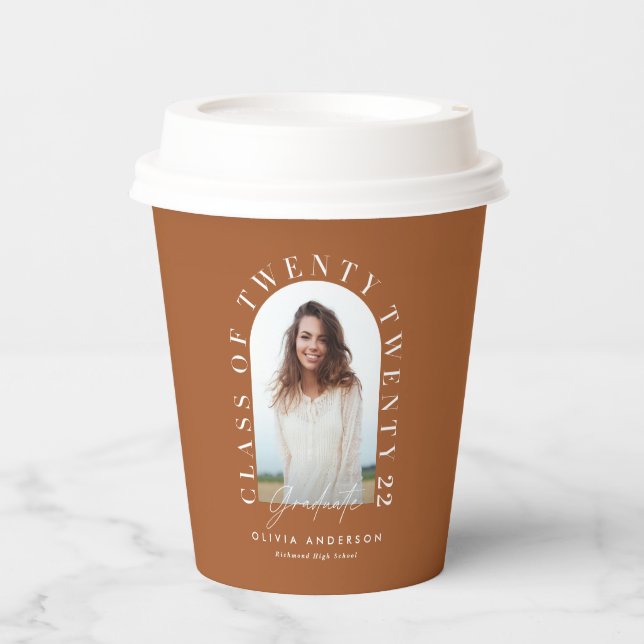 Modern geometric typography photo arch graduation paper cups (Front)
