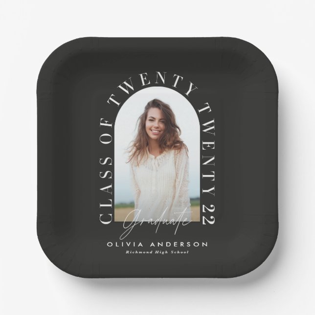 Modern geometric typography photo arch graduation  paper plates (Front)