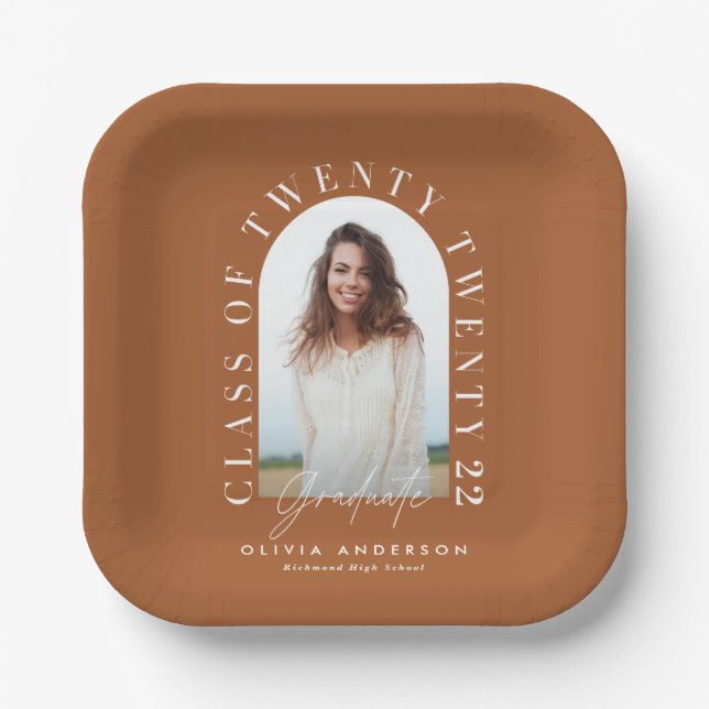Modern geometric typography photo arch graduation  paper plates (Front)