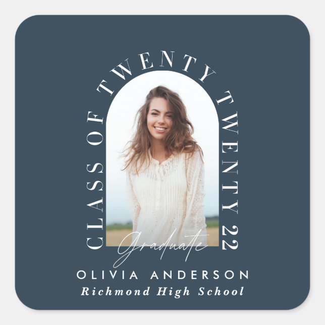 Modern geometric typography photo arch graduation square sticker (Front)