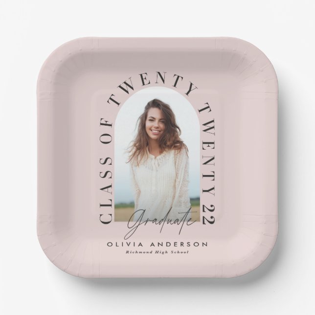 Modern geometric typography photo arch pink paper plates (Front)