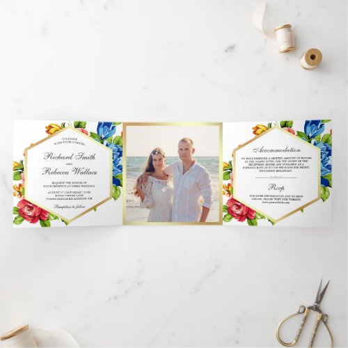 Modern Geometric Vibrant Floral Photo Wedding Tri_Fold Invitation